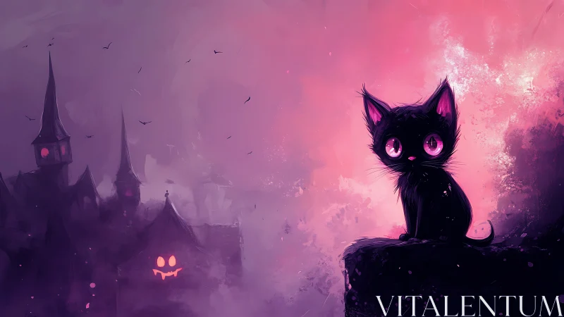 Neon backlit black kitten overlooks stylized haunted castle scene