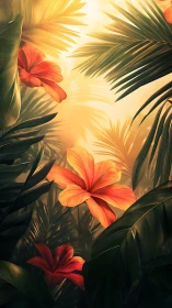 Tropical Hibiscus Garden Beneath Golden Sunlight.