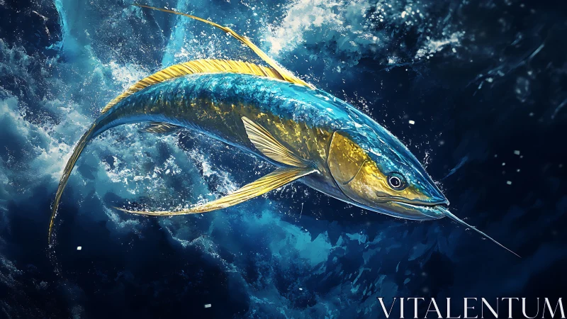 Sapphire marlin streaks through stormlit ocean thunder.