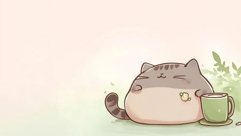 Stylized Cat Character with Tea Cup and Foliage