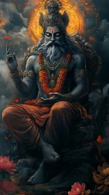 Seated blue-skinned deity with halo and garlands in clouds.