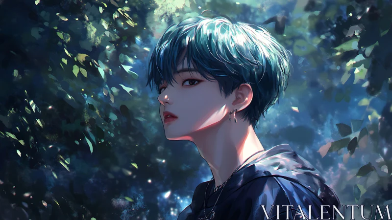 Moody teal haired youth in luminous forest clearing.