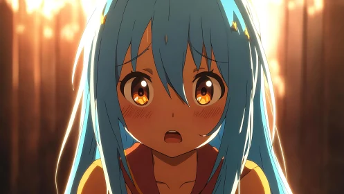Sunlit shock on a blue-haired anime girl’s glowing gaze.