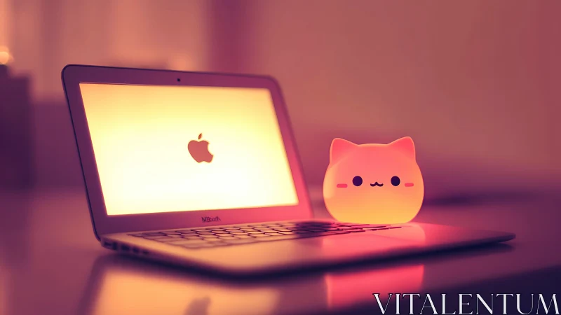 Glowing laptop and kawaii cat lamp create cozy workspace.