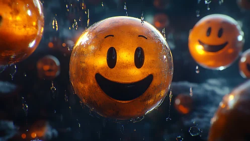 Gleaming orange smiley spheres in moody wet atmosphere.