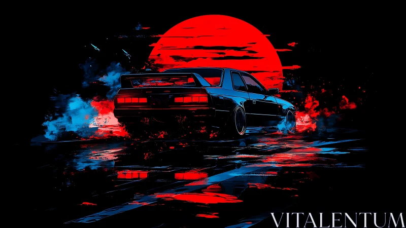 Midnight street racer outruns a neon red synthetic sunrise