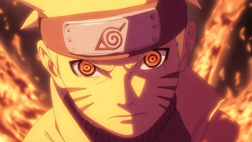 Intense orange eyed anime ninja portrait with fiery aura glow
