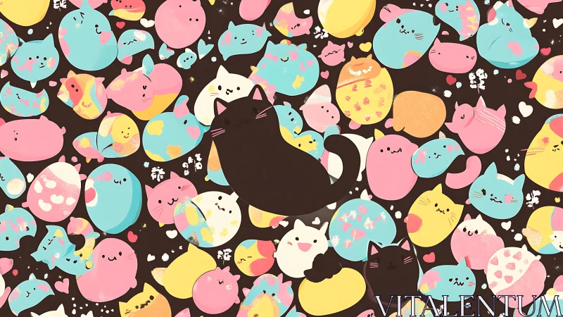 Black Cats Among Colorful Dreaming Creatures. Playful Whimsy.