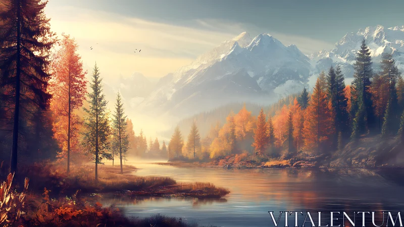 Autumn alpine river valley rendered in luminous digital painting