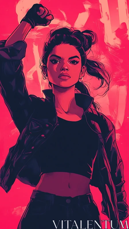 Defiant young woman raises her fist in bold neon light