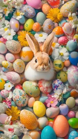 Easter bunny nestles among vivid painted spring eggs.