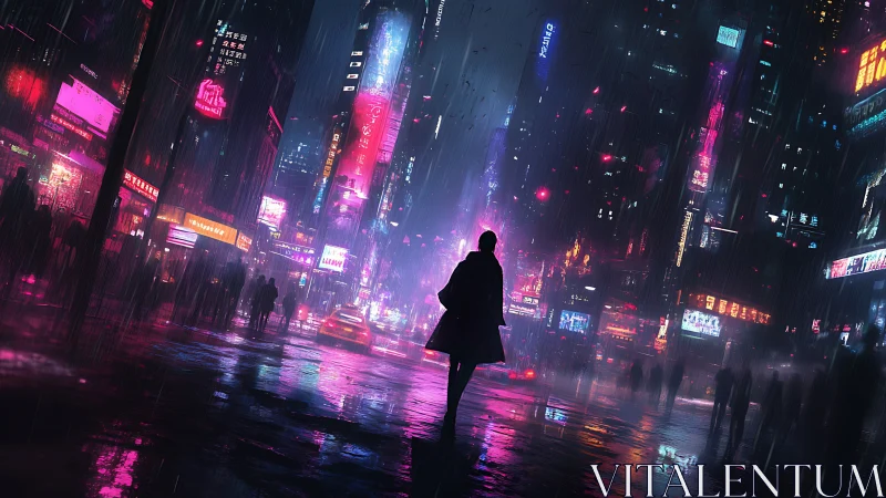 Neon city wanderer walks through glowing rainy streets