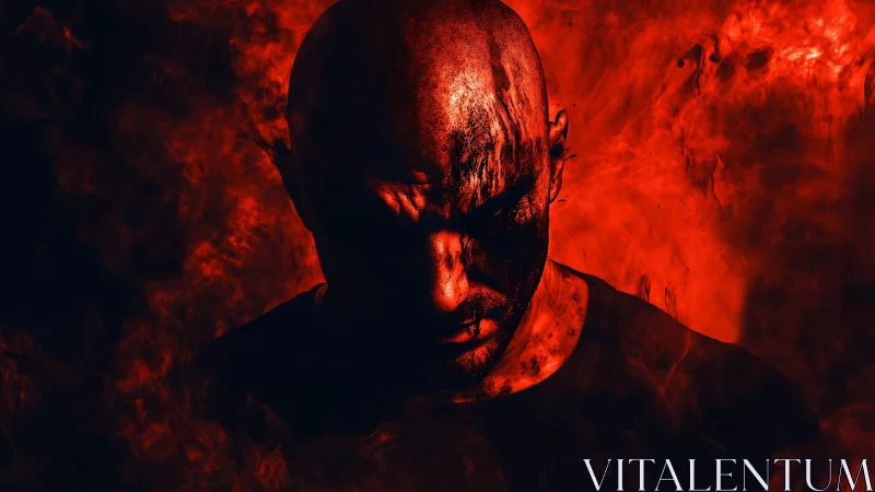 Intense portrait bathed in deep red shadows and smoke.