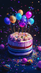 Vibrant Neon Birthday Cake with Glowing Balloons.