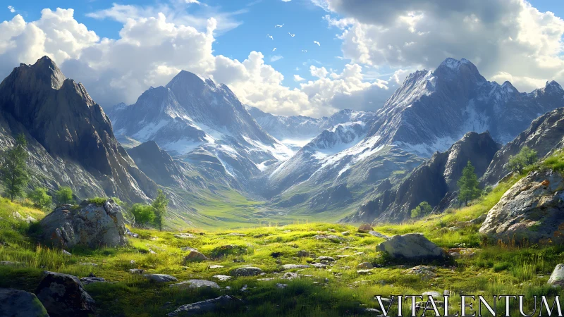 Sunlit mountain valley where bright meadows meet snow peaks.