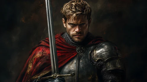 Medieval knight portrait with steel armor and crimson cloak.