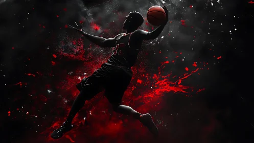Silhouetted basketball dunker amid red kinetic splashes.