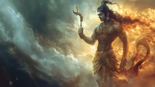Mythic warrior deity amid swirling celestial stormscape.