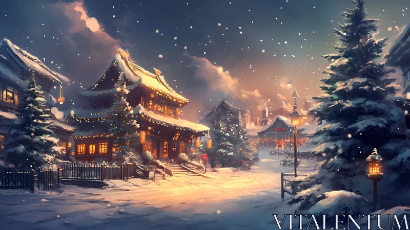 Snow-laden East Asian village under warm lantern illumination.