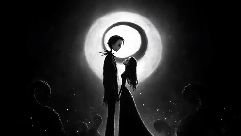 Silhouetted couple beneath full moon in monochrome scene.