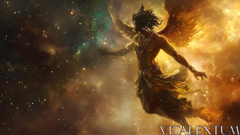 Starlit winged guardian drifting through cosmic dawn.