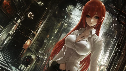 Red-haired heroine stands defiant in a ruined industrial city