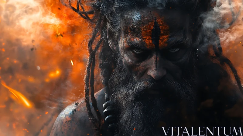 War-torn mystic emerges from inferno with burning gaze.