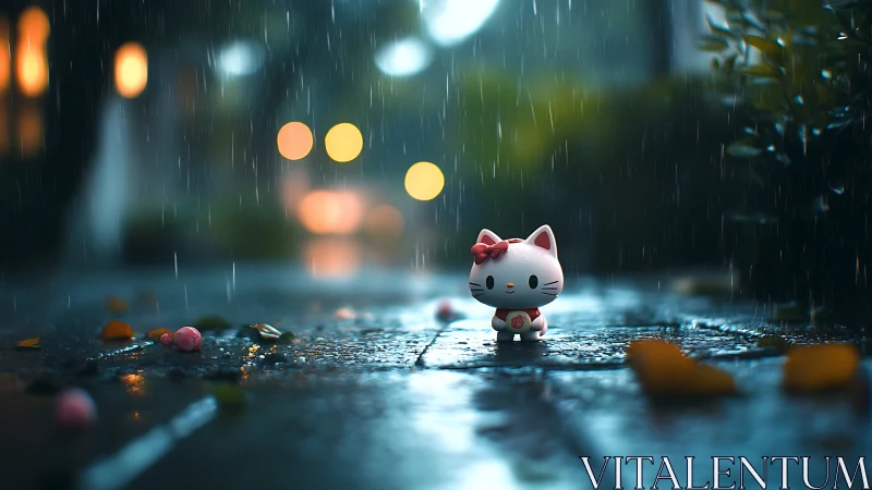 Porcelain Figurine in Urban Rain: Soft Bokeh Composition.