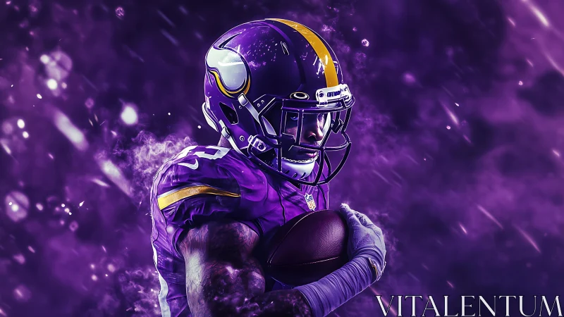 American football player in purple uniform holding ball.