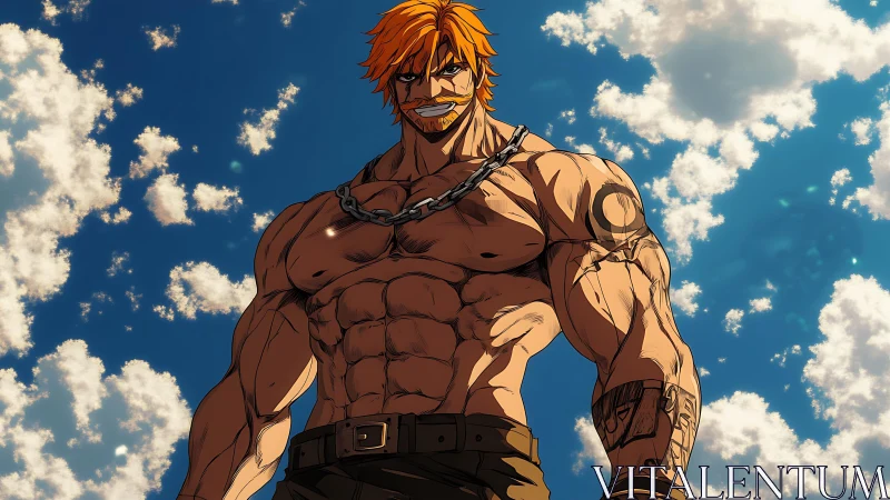 Sky-forged warrior stands unbroken beneath blazing clouds.