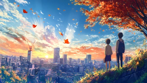 Autumn skyline daydream with two friends above the city.