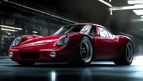Sleek red sports coupe gleams under moody garage lights.