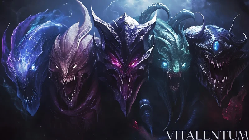 Five spectral dragon lords emerging from abyssal void.