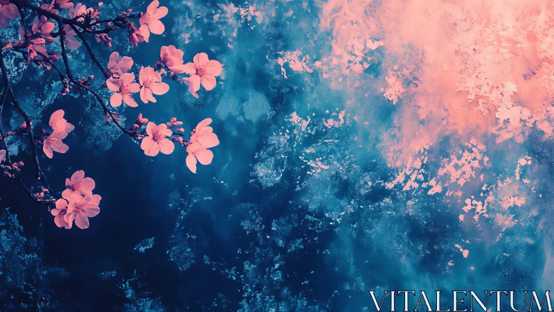 Coral Blossoms on Teal Grunge Background.