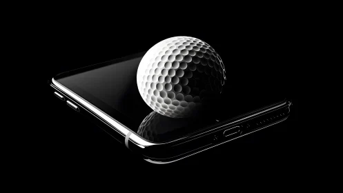 Golf Ball on Smartphone in Dramatic Black Minimalist Style.