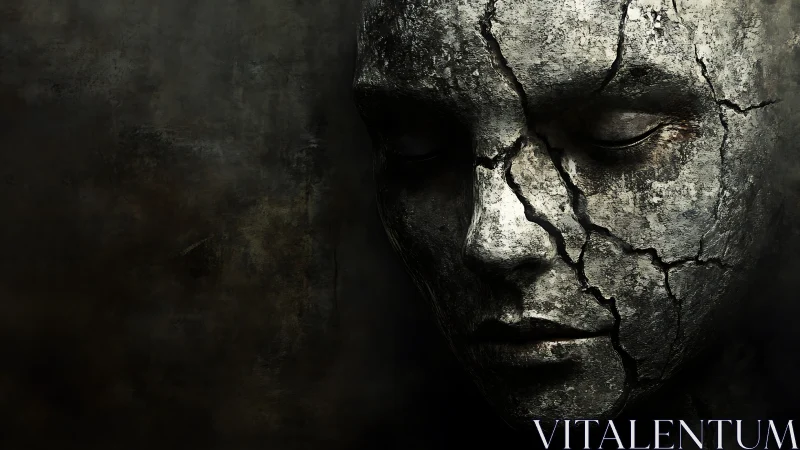 Cracked stone face in dark, textured shadowed background.