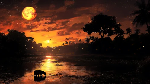 Luminous jungle river under blood moon and silhouetted fauna.