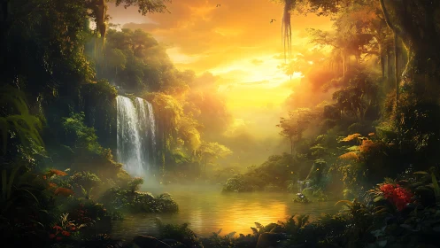Luminous tropical waterfall lagoon at golden hour sunrise