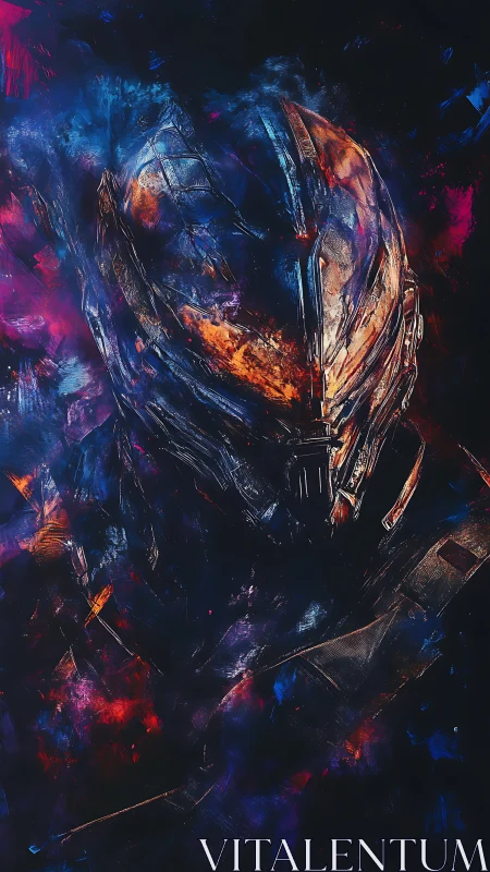 Armored sci-fi warrior dissolves into cosmic neon storm.