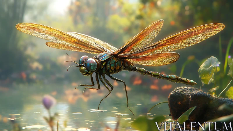 Dragonfly hovers over reflective pond in soft backlight