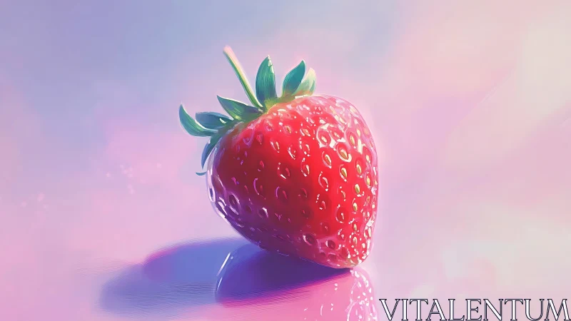 Digital painting of single strawberry on iridescent ground.
