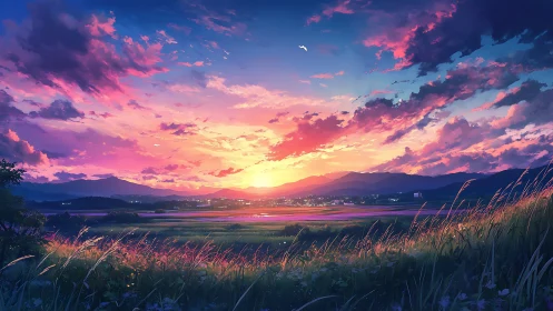 Radiant anime sunset over rural valley with luminous cloud bands