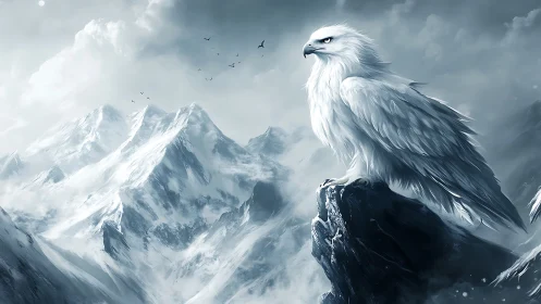 Majestic White Eagle on Rocky Peak in Snowy Mountain Fantasy Art.