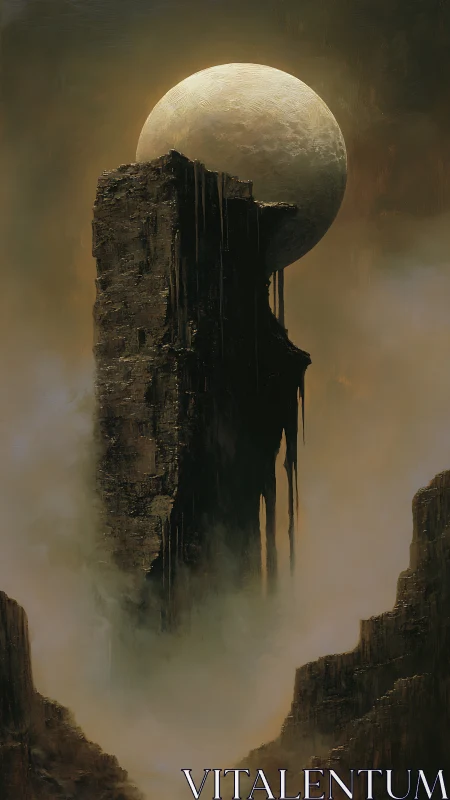 Moonlit monolith rising through misty ravine night sky.