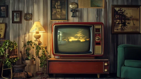 Vintage television in warm retro living room environment.