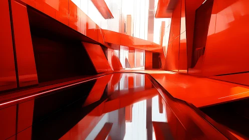 Red geometric architecture with reflective surfaces and linear forms.
