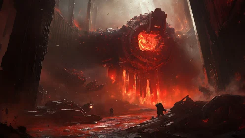 Magma-core war colossus emerging in infernal industrial vault.