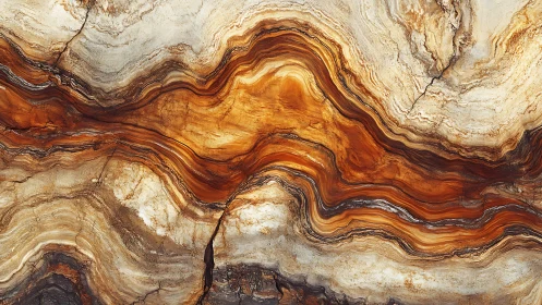 Layered stone surface with flowing orange mineral bands.