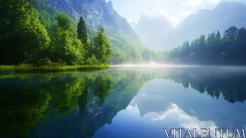 Mountain lake mirrors dawn mist while forests hold their breath