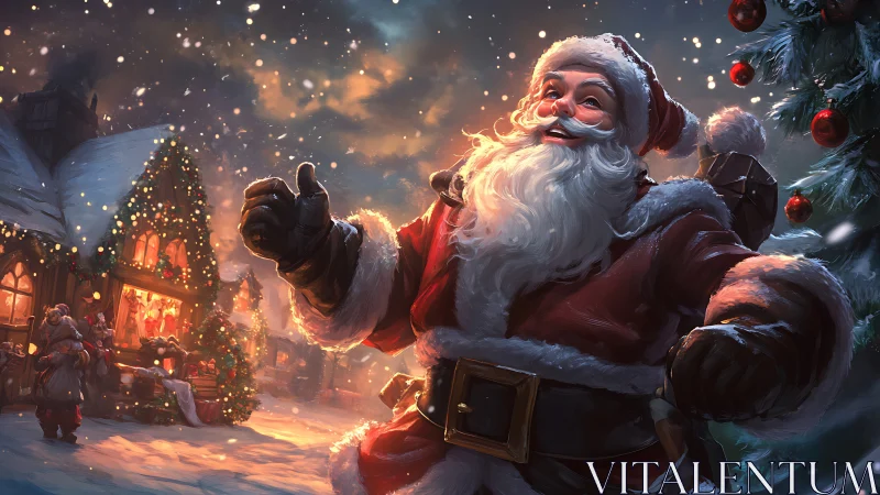 Santa Claus walks through snowy village with glowing lights